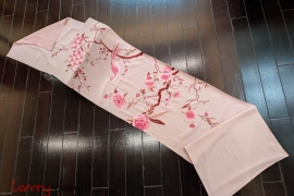 Pink silk scarf hand-embroidered with confederate rose and bird